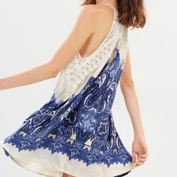 Free People Shea Mini Dress Blue Cream Size XS Boho Festival Swing Slip - Picture 2 of 7